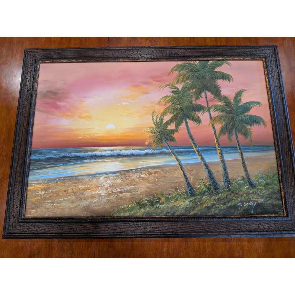 H Gailey Signed Original Oil Painting Tropical Beach Sunset Palm Trees Framed